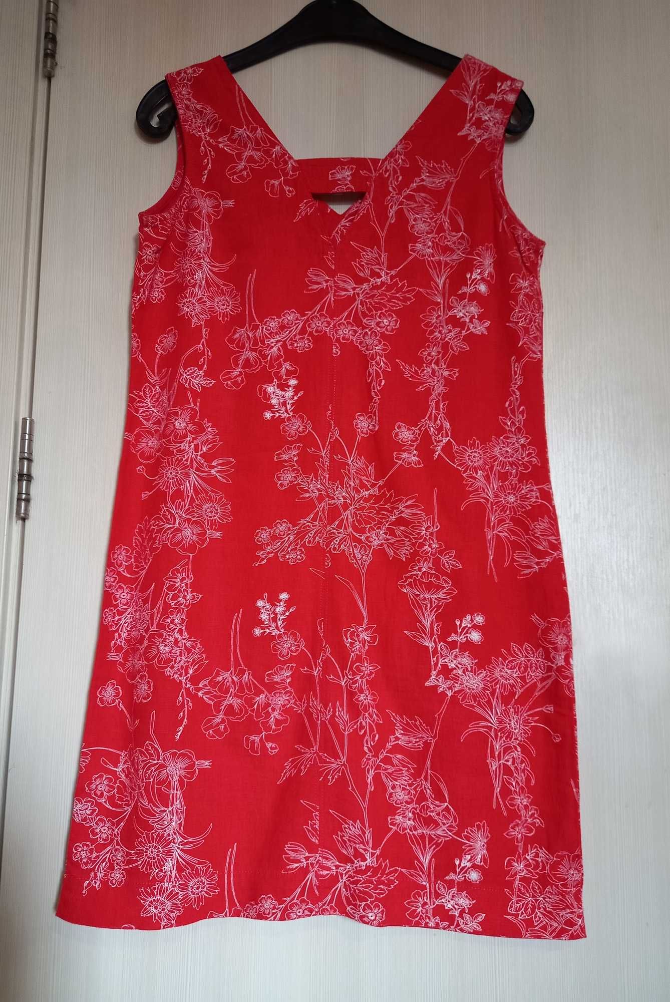 Къса, разкроена рокля с лен NEXT. Червена с флорален десен