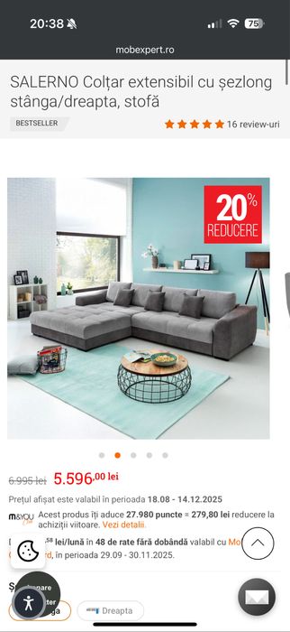 Canapea gri Mobexpert cu spatiu de depozitare si perne mici incluse