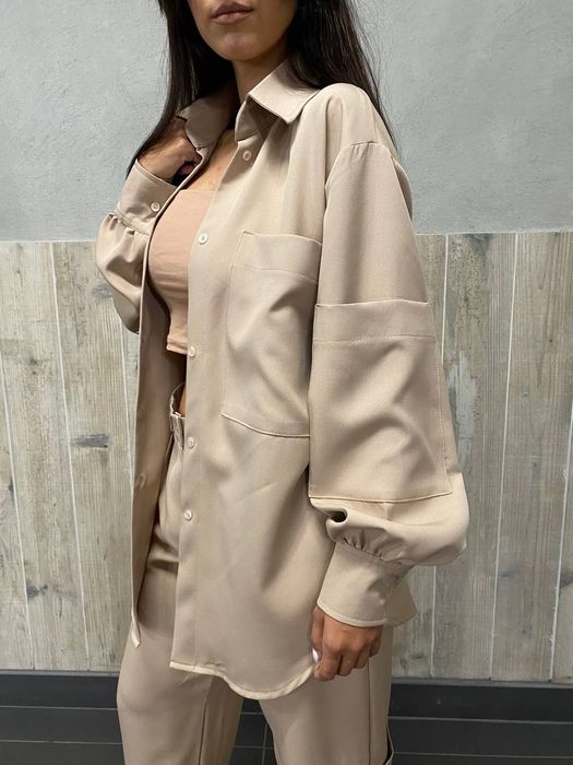 Compleu bej camasa si pantaloni cu buzunare XS