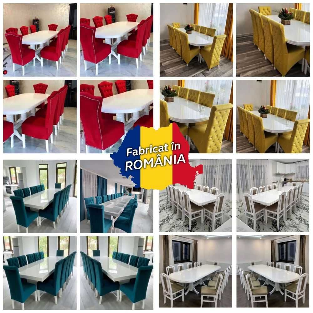 Masă mare living cu 18 scaune catifea bordo la comandă