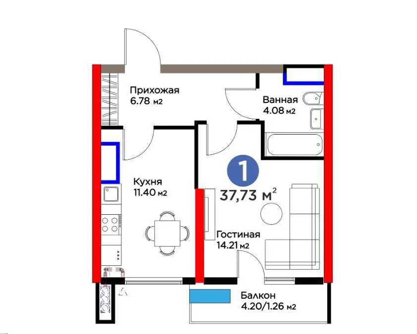 ЖК BI SAN`AT 1-к квартира 37,73 м2. г. Ташкент, ул. Фергана йули