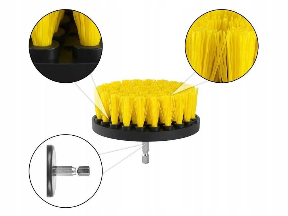 Set 3 perii pentru curatare cu adaptor pentru bormasina nylon galben
