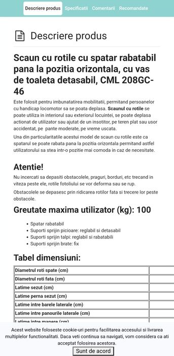 Scaun cu rotile pliabil, cu vas de toaleta detasabil