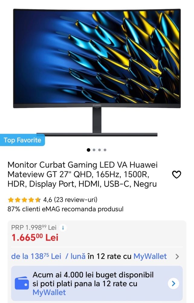 MDM vinde: Monitor Gaming Huawei Mateview GT, 27 inch.