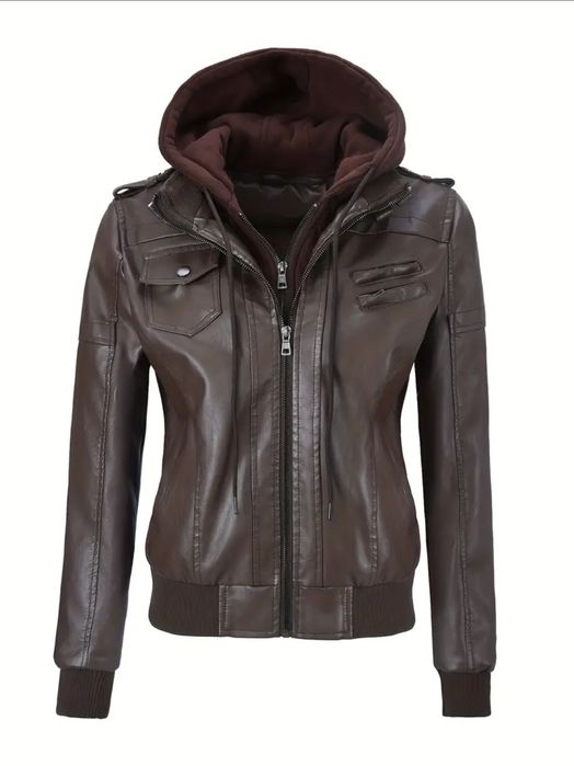 Дамско кожено яке с качулка