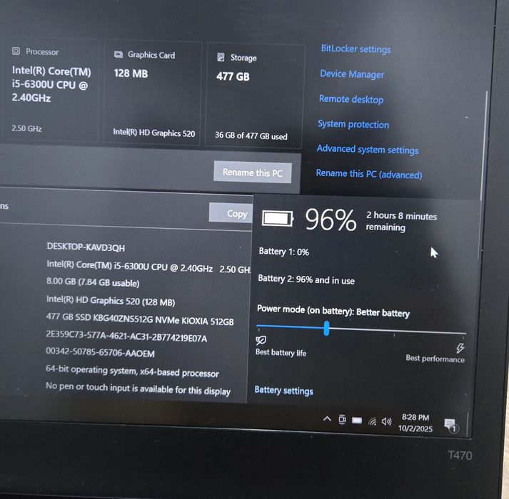 Laptop Lenovo T470 i5 6300U 2.50GHz 8GB Ram SSD 480GB