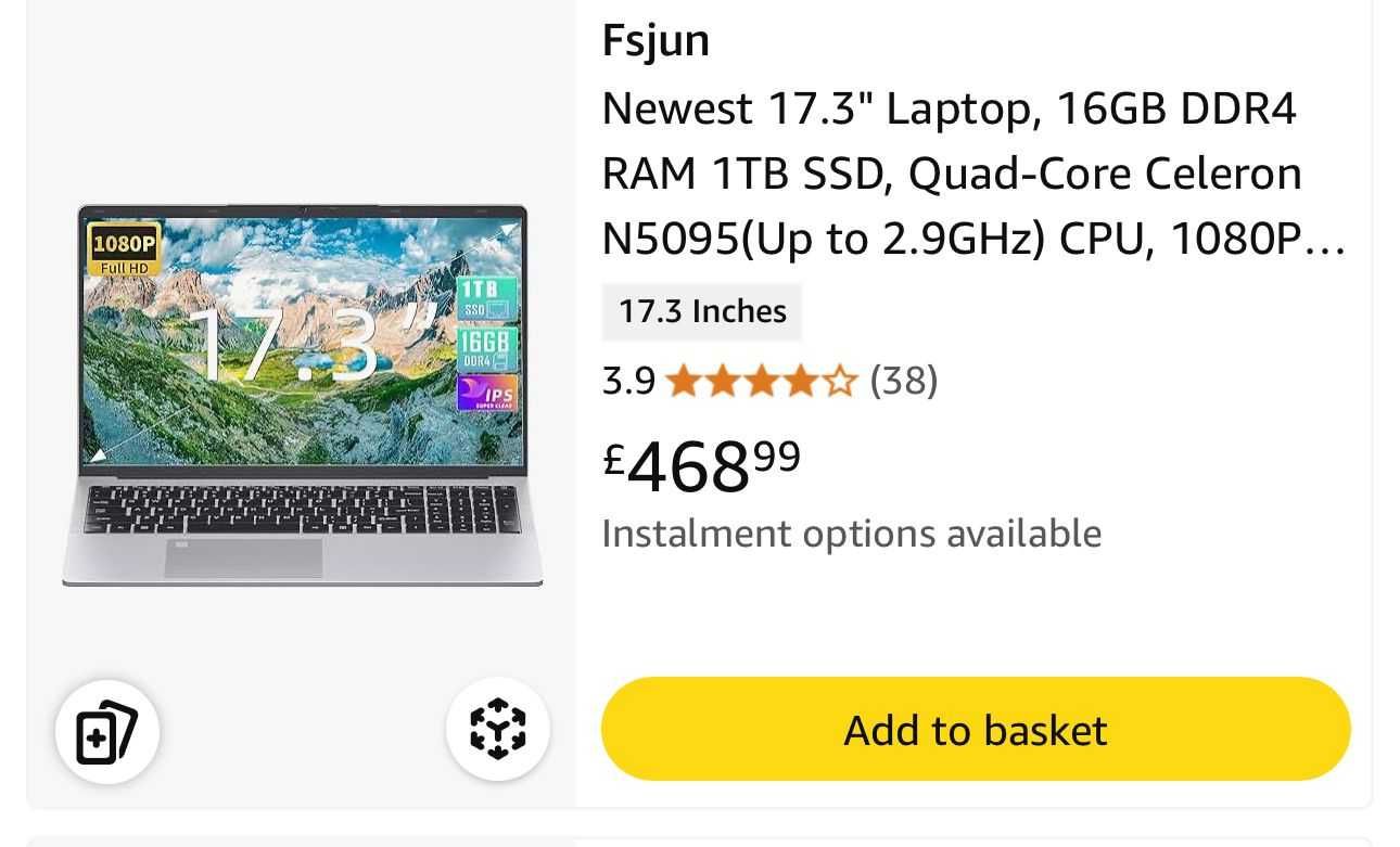 Fsjun Newest 17.3" Laptop, 16GB DDR4 RAM 1TB SSD