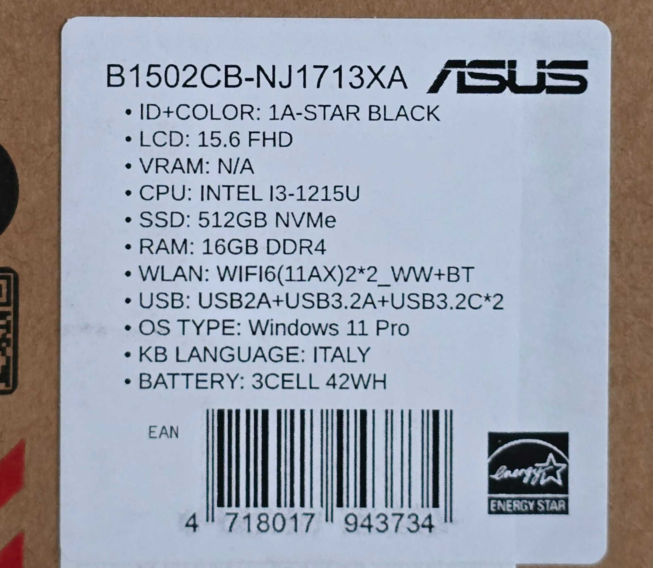 Laptop ASUS 15.6", i3 1215U, 512 GB SSD, 16 GB RAM, nou