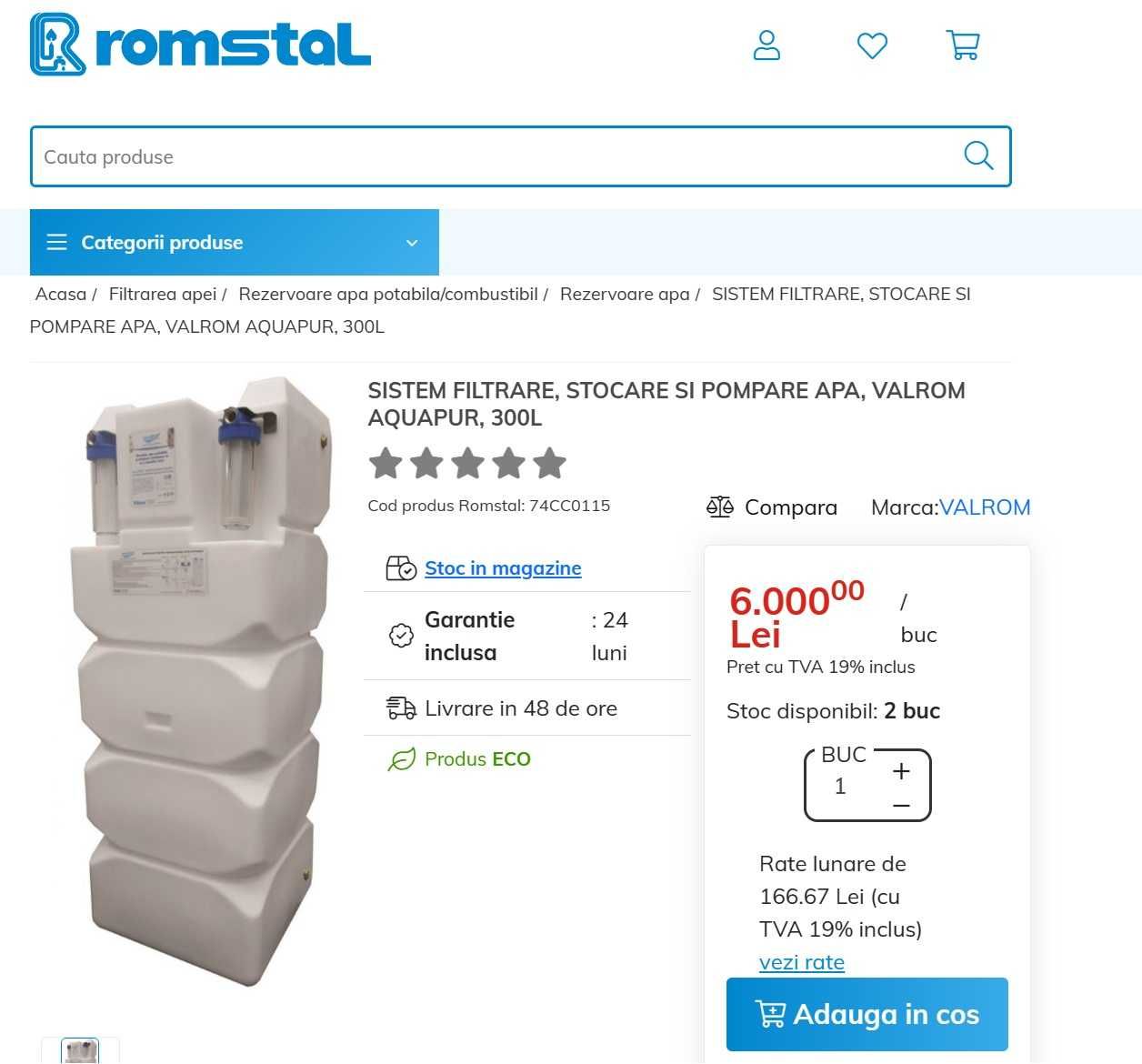 Sistem de Filtrare, Stocare și Pompare Apă, Valrom Aquapur, 300L