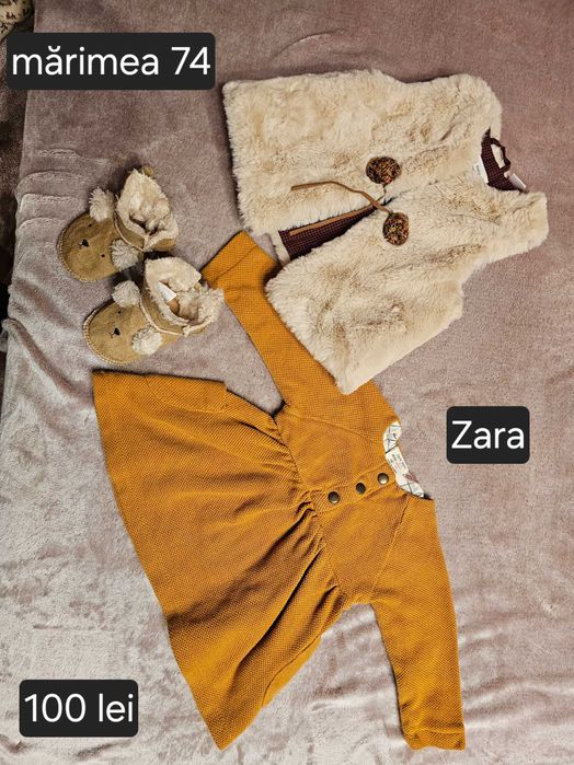 Set rochiță, vestă blănita Zara și cizmulițe H&M,marimea 74