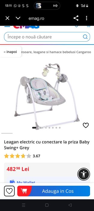 Leagan electric cu conectare la priza Baby Swing+ Grey