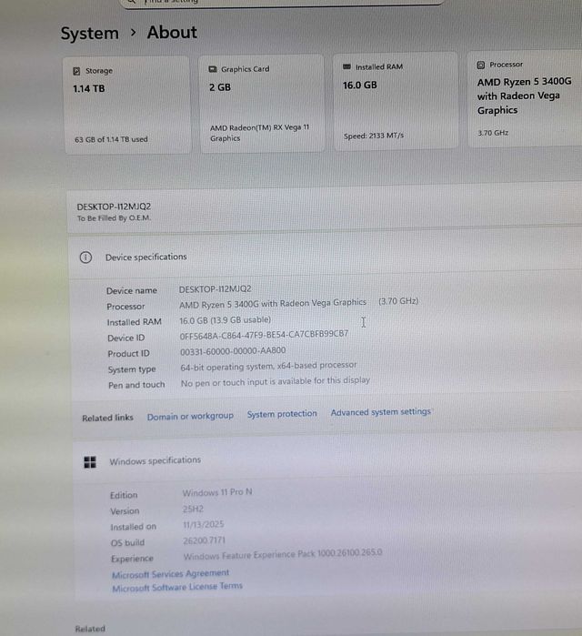 Calc. AMD Ryzen5 3400G 3.7GHz,16GB DDR4,1TB HDD+250GB SSD,Windows11Pro