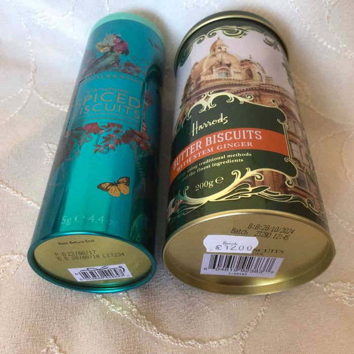 Метални кутии за бисквити Harrods и Fortnum & Mason, нови, празни
