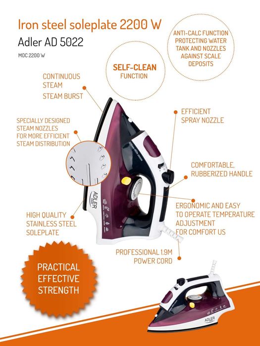 Fier de calcat cu abur Adler AD5022, 2200 W, talpa inox, abur vertical