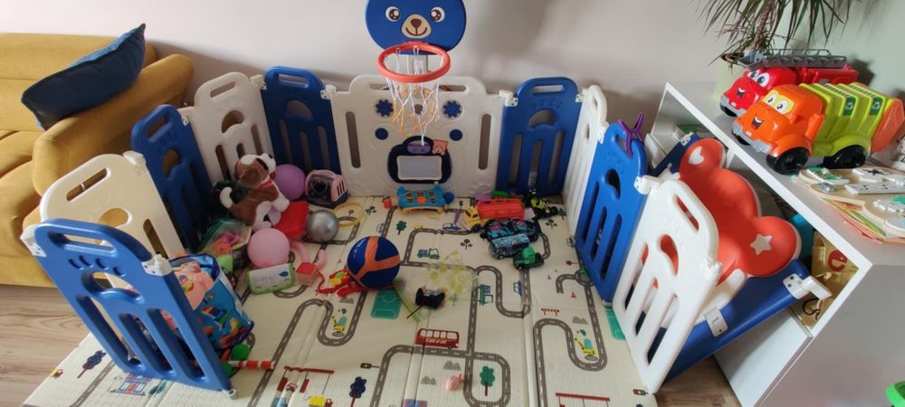 Сгъваема бебешка ограда за игра с баскетболен кош, Синьо мече