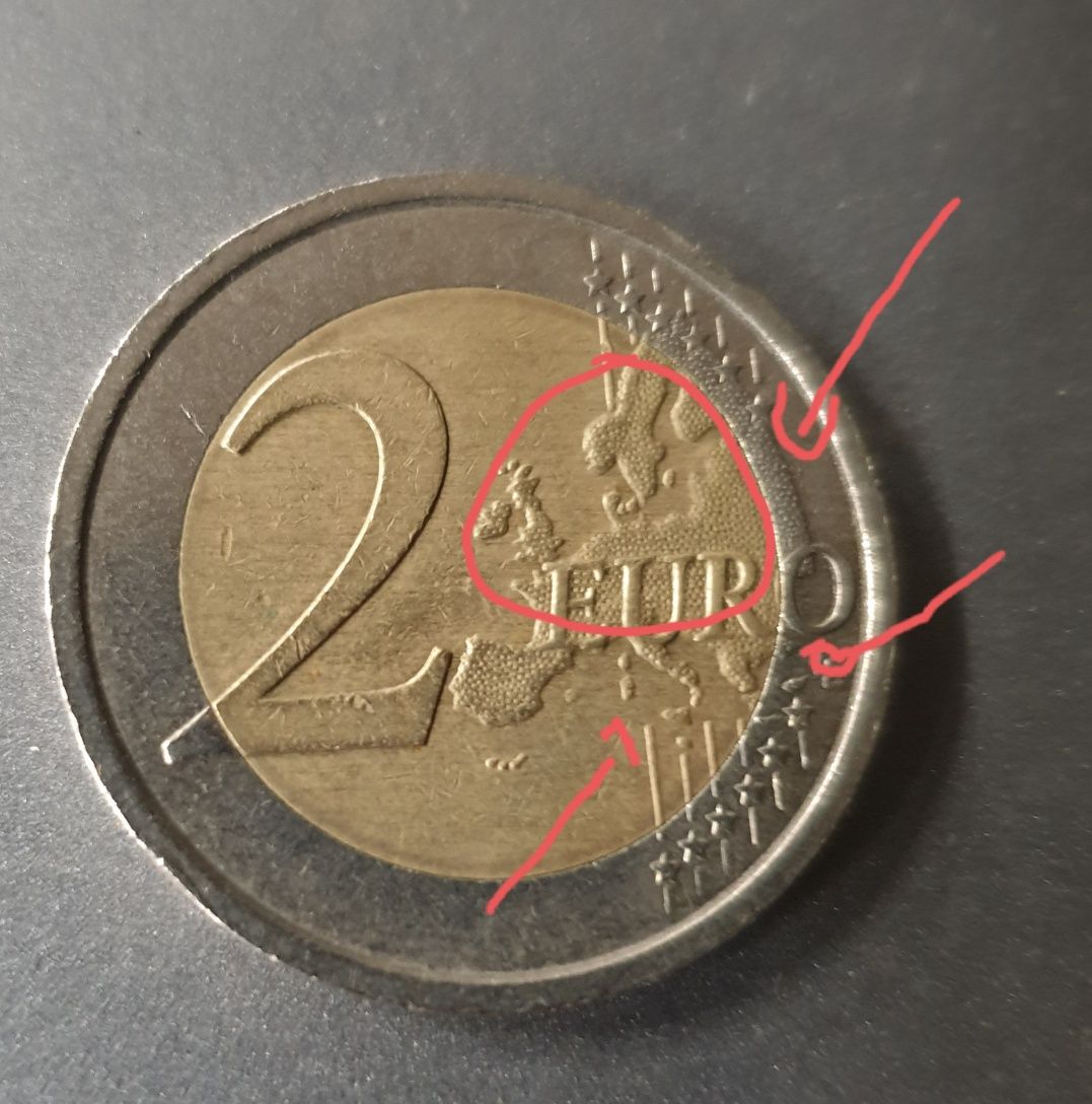 Moneda 2 euro rara cu defecte vizibile