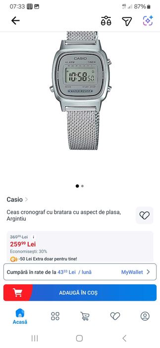 Ceas Casio cronograf cu bratara cu aspect de plasa, Argintiu