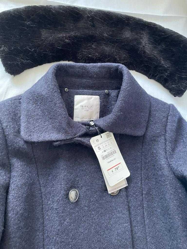 Palton nou majoritar lana Zara cu guler de blana detasabil marimea S