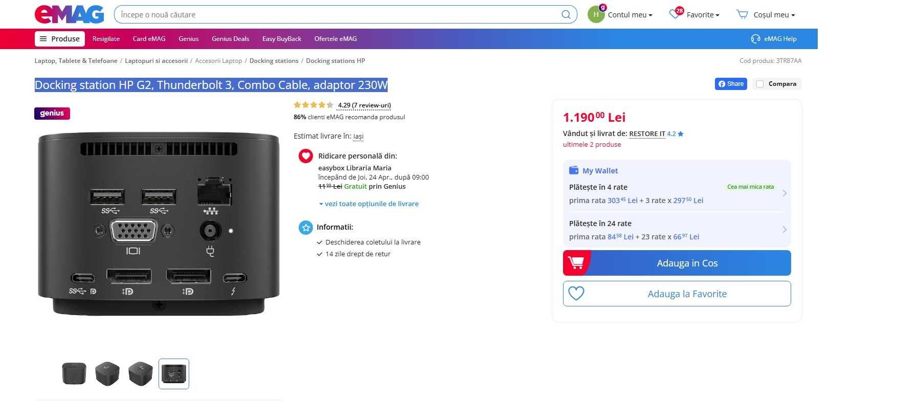 Docking station HP G2, Thunderbolt 3, Combo Cable, adaptor 230W