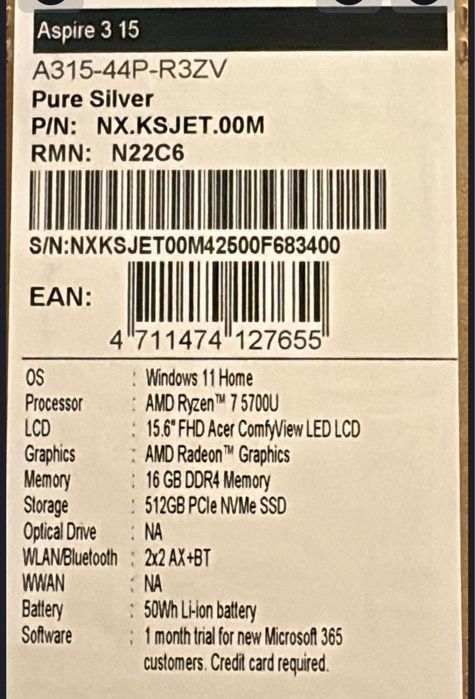 Laptop Acer Aspire 3 A315-44P Ryzen 7 16GB 512GB SSD Silver Nou