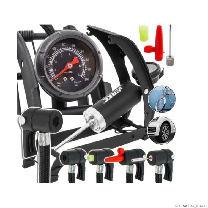 Pompa de picior cu piston si manometru pentru umflat, presiune 7 bari,