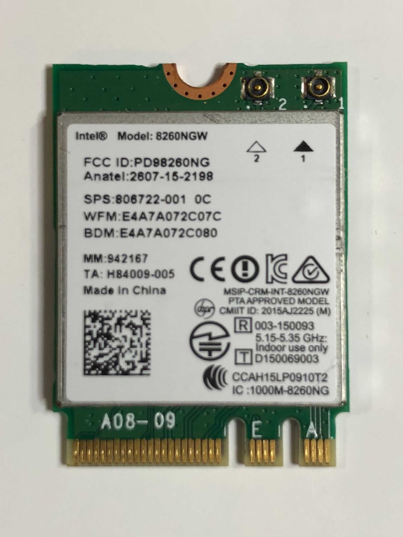 Placa WI-FI SH Intel 8260ngw Dual Band Wireless AC 867Mbps