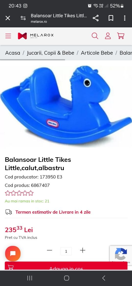 Balansoar Little Tikes Căluț Albastru