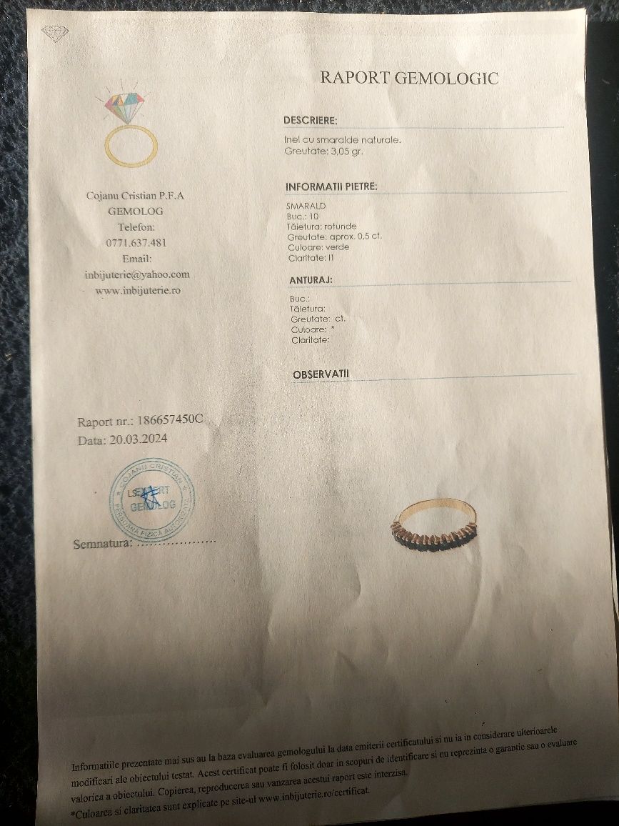 Inel dama aur 18k  cu 10 smaralde naturale netratate certificat