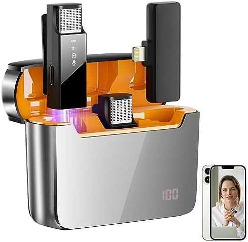 Нови 2 броя Безжични Микрофони с Кутия за Зареждане iPhone и iPad