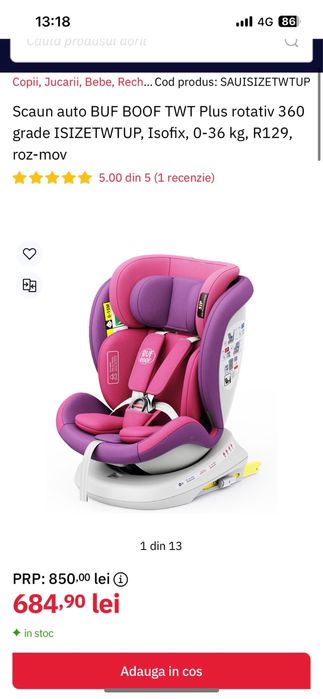Scaun auto roz pentru fetite! Prindere isofix