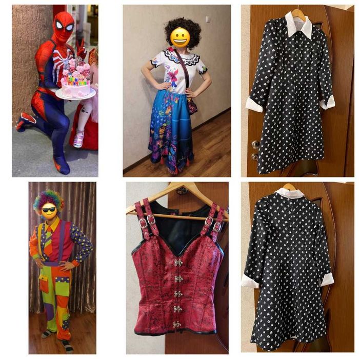 Костюмы: человек-паук, клоун, Энканто, Уэнсдей, корсет для пиратки