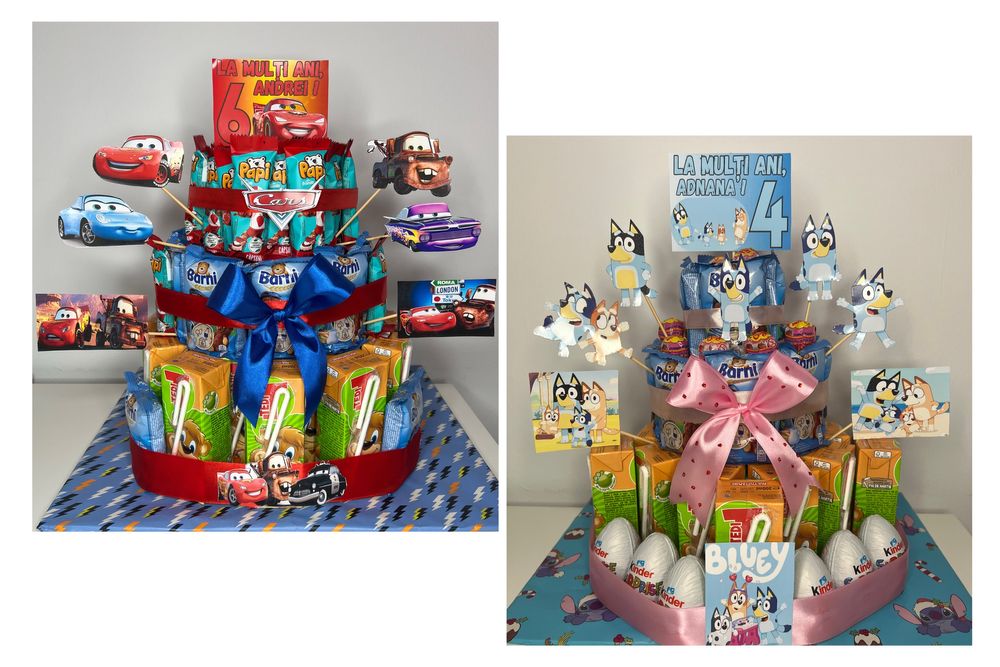 Tort din dulciuri ambalate, cu sucuri, Tedi, Barni, Kinder la alegere