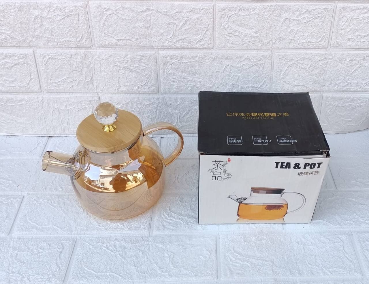 Термоупорный  заварочный чайник, стеклянный золотистый чайник
