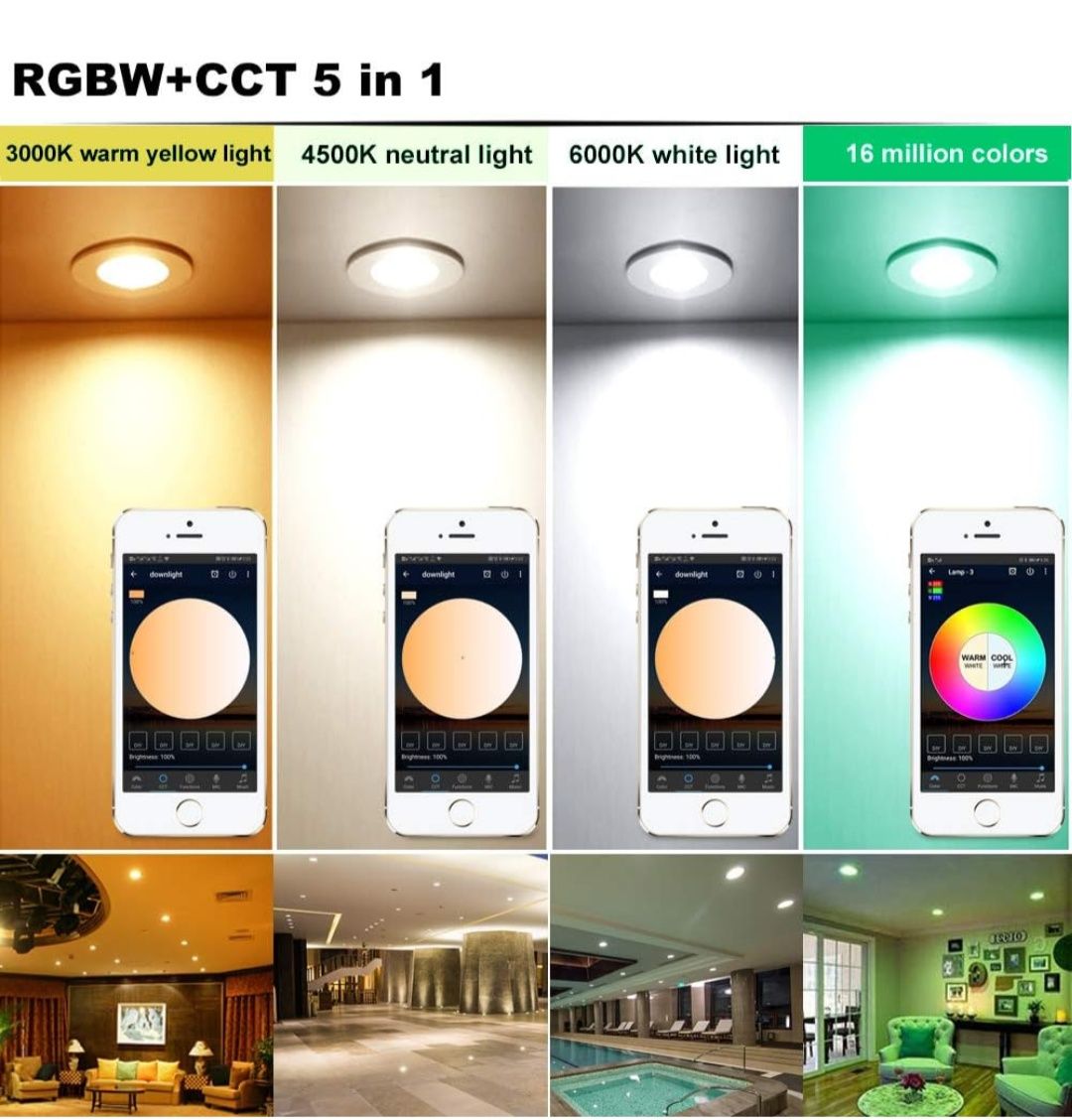 Set de 10 spoturi încastrate inteligente WiFi Bluetooth LED, 9 W 230 V