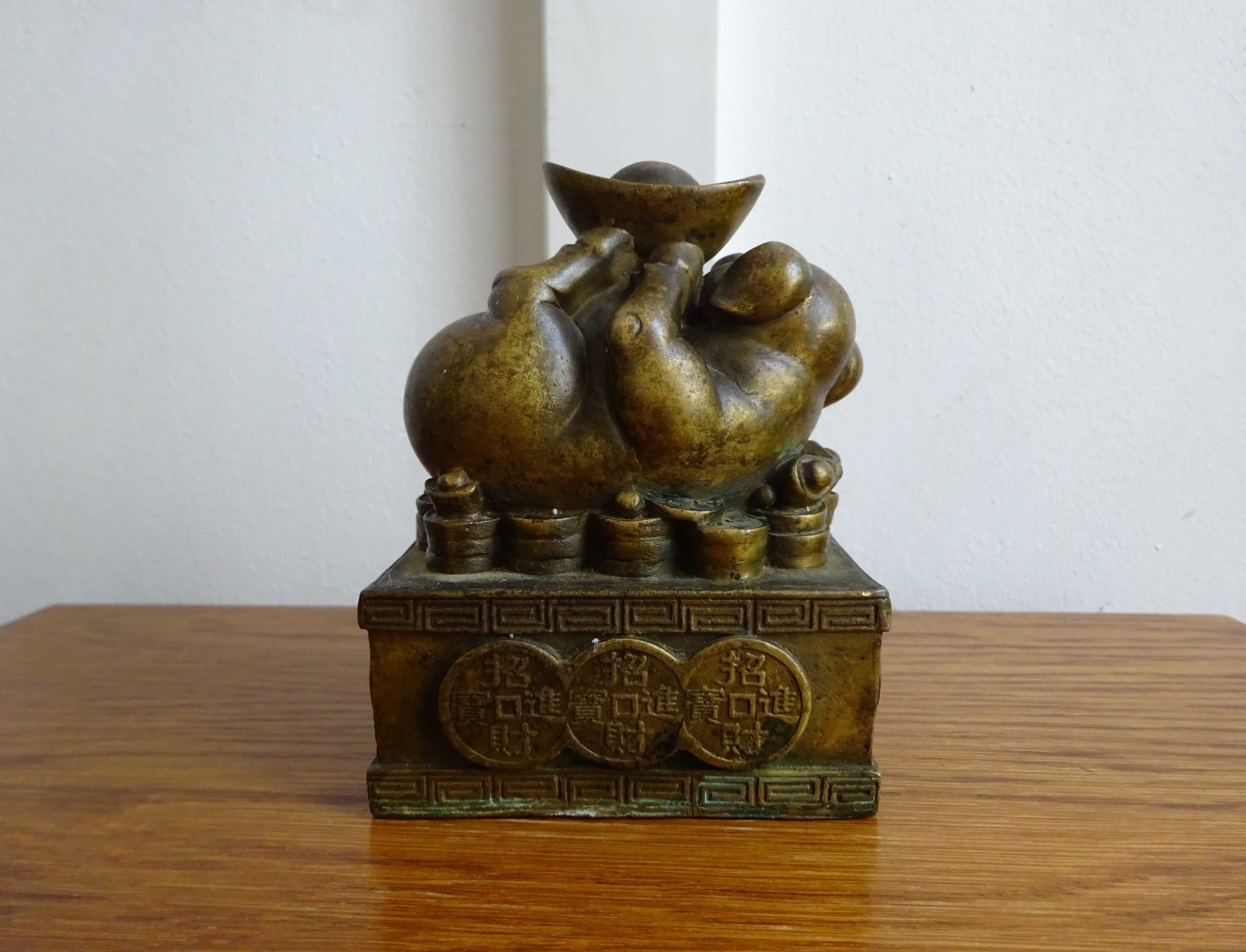 Porc mistret cu pepita pe monede - Statueta Feng Shui din bronz RARA