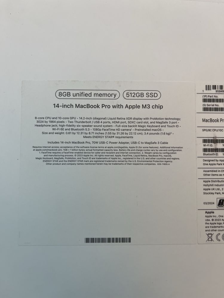 Macbook pro m3 2023 8gb ram 512 ssd