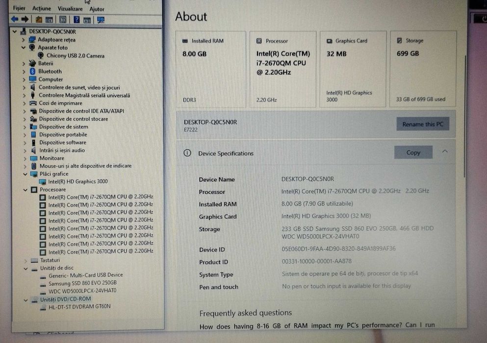 Medion 17,3 inch, Core I7, 8GB, SSD + HDD, HD Graphics, baterie 2 ore