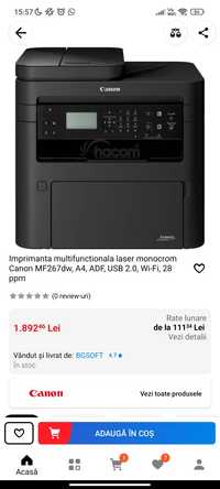 Imprimanta multifunctionala laser monocrom Canon MF267dw, A4, ADF, USB