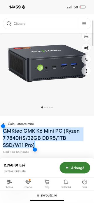 GMK K6 Mini PC (Ryzen 7 7840HS/32GB DDR5/1TB, sigilat