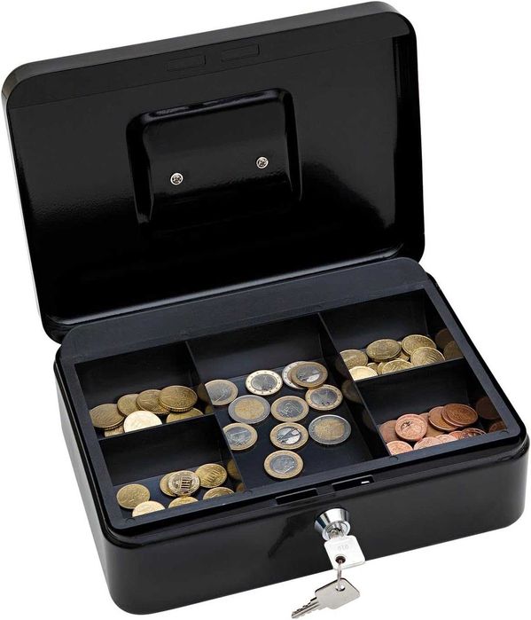 Cutie metalica pentru bani cu maner incuietoare si 2 chei 20x16x9 cm