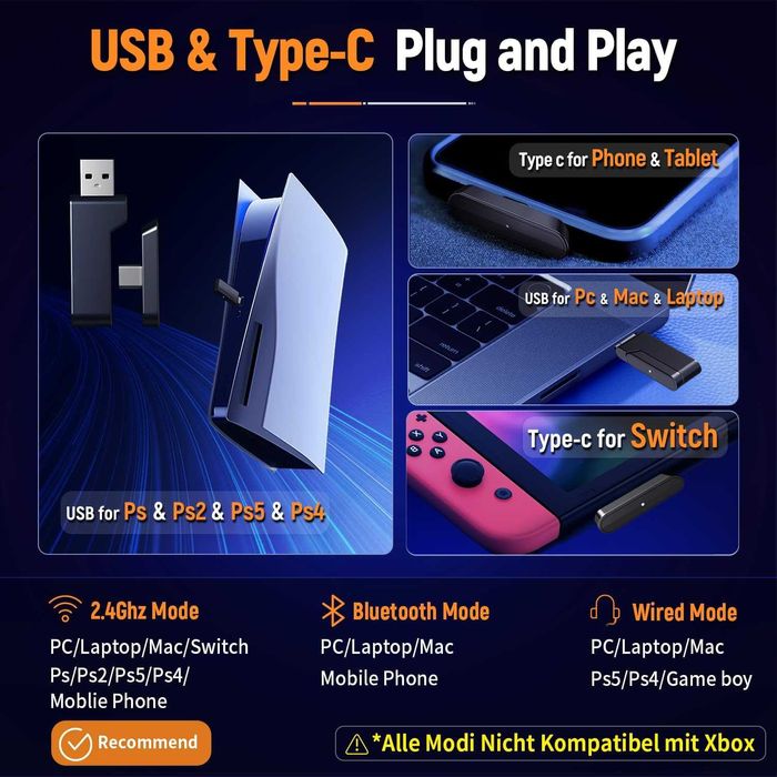 Ozeino безжични геймърски слушалки 2.4GHz + Bluetooth,mic,LED,USB-A/-C