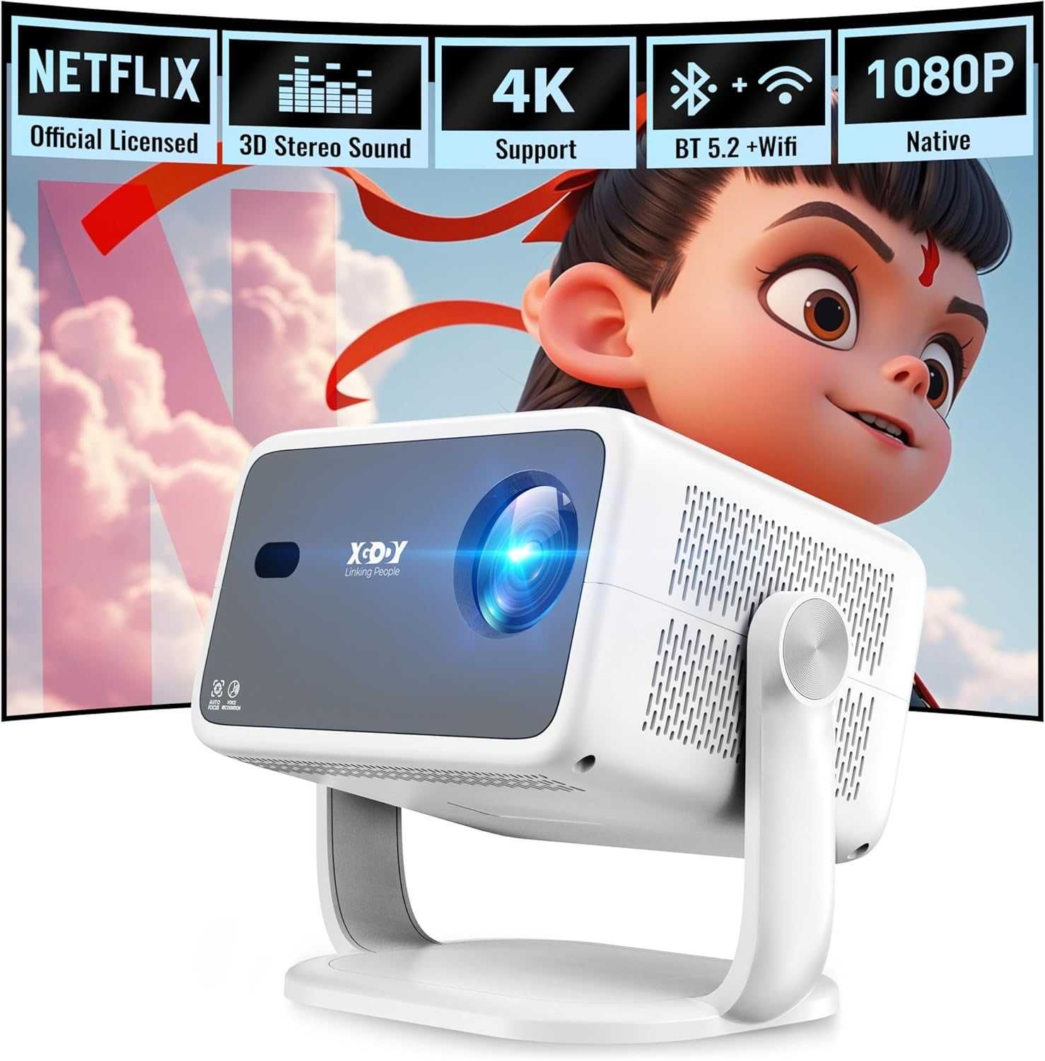 Xgody 4К интелигентен проектор, Регулируеми нива на яркост, Netflix