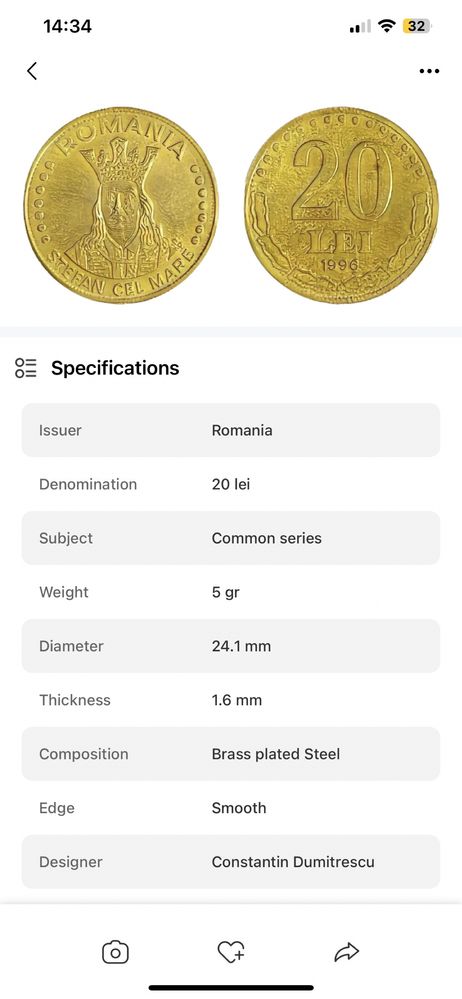 Moneda 20 de lei 1991 Stefan Cel Mare