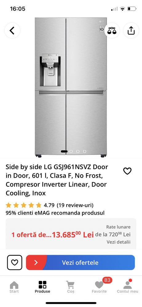 Frigider side by side LG ThinQ door in door