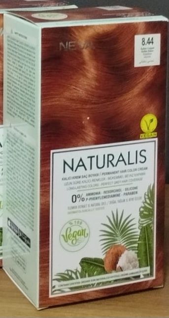 Vopsea de par vegana fara amoniac, Aramiu Roscat 8.44, Naturalis