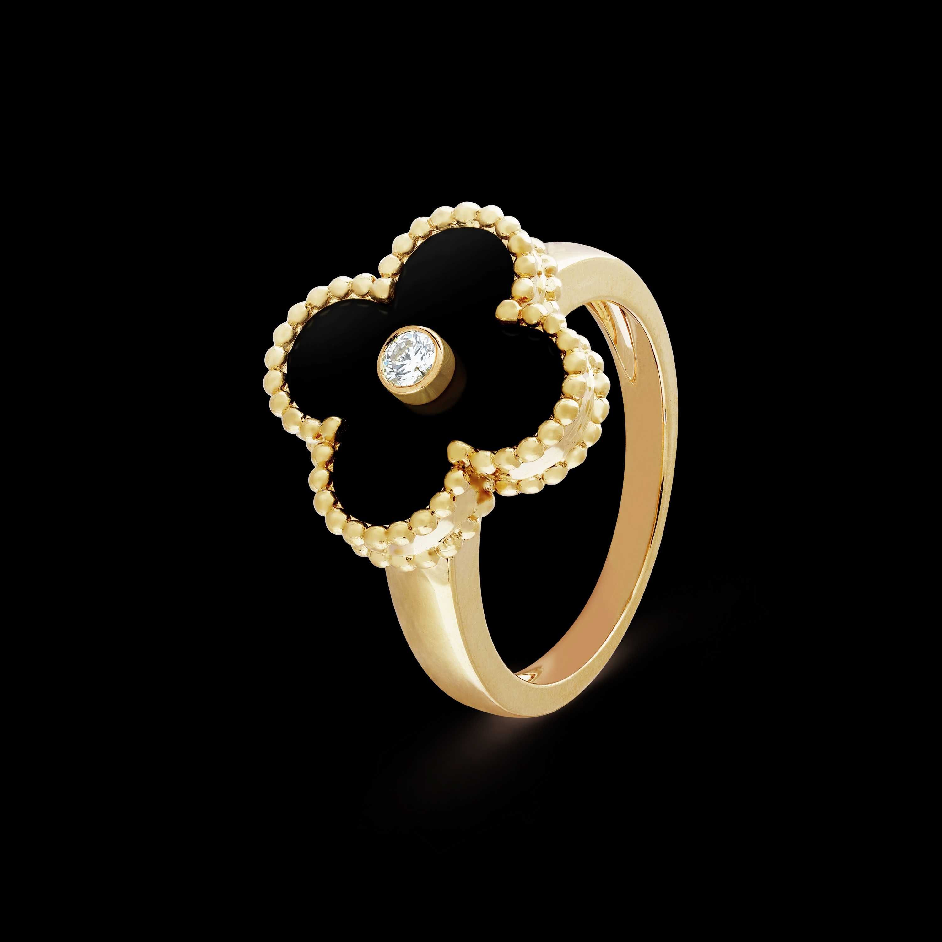 Van Cleef & Arpels VCA Gold Black Onyx Diamond Alhambra Дамски Пръстен
