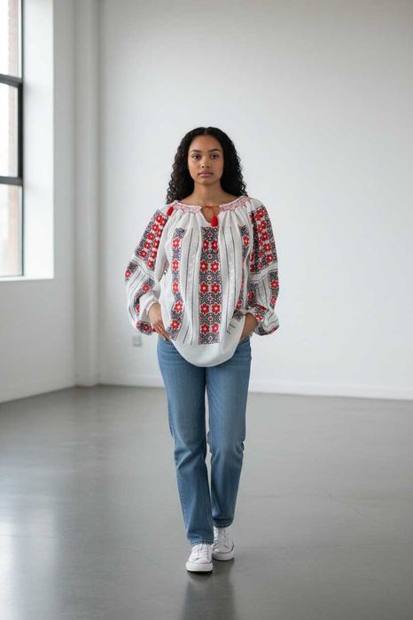 Ie traditionala lucrata manual cu flori rosii