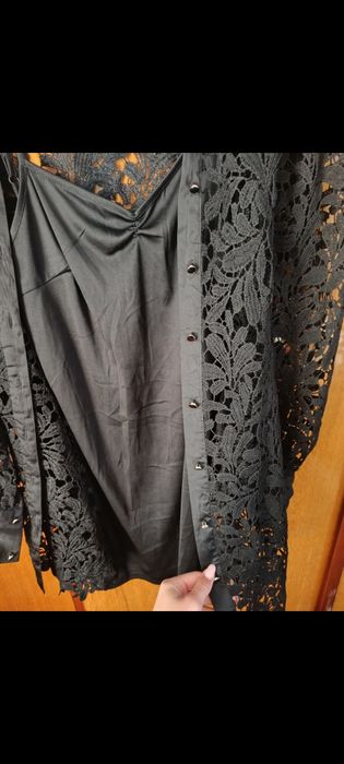 Set negru 2 piese - rochie tip maieu & kimono din dantelă/flanea fină