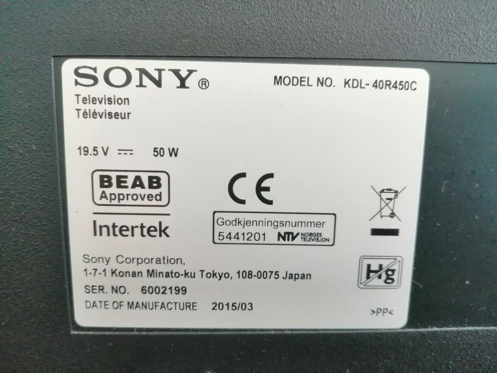 TV Sony bravia 106 cm