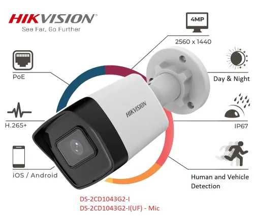 Camera IP PoE Hikvision 4 MP model DS-2CD1043G2-IUF Mic, Card Sigilata